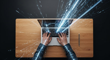 Overhead shot of a person typing on a laptop, with light streaks emanating from the screen, symbolizing speed and connectivity on a wooden desk with a pencil.の素材