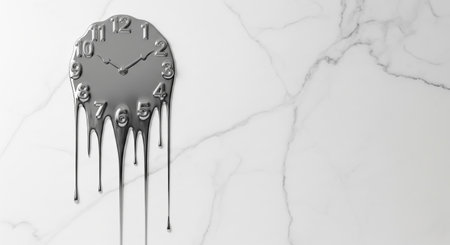 Surreal image of a melting chrome clock on a white marble background, symbolizing time distortion, decay, and the fleeting nature of moments. Conceptual art with a minimalist aesthetic.の素材