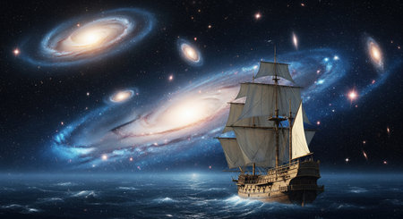 A majestic sailing ship cuts through a dark ocean under a breathtaking cosmic sky filled with swirling galaxies and twinkling stars, creating a surreal, dreamlike scene.の素材