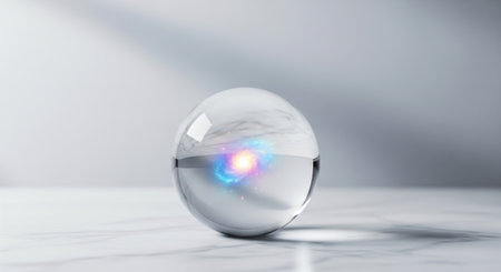 A crystal ball rests on a marble surface, encapsulating a vibrant, swirling galaxy with pink, blue, and yellow hues, illuminated by soft, diffused light.の素材