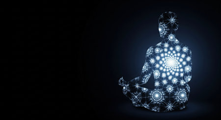 A radiant figure in lotus position glows with fractal energy, set against a dark backdrop. The intricate patterns suggest inner peace and spiritual enlightenment.の素材