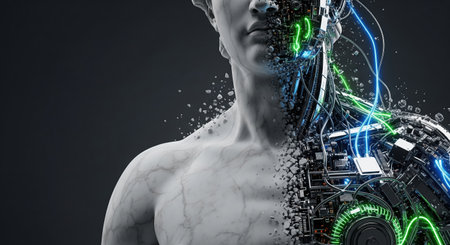 A striking image of a marble statue transitioning into a cyborg, revealing intricate circuitry and glowing green and blue wires. The statue crumbles into fragments, symbolizing transformation.の素材