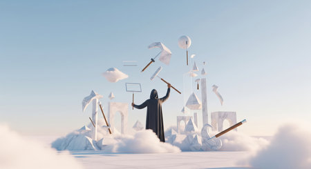 A cloaked figure stands amidst clouds, wielding tools to manipulate floating marble geometric shapes. The surreal scene evokes a dreamlike quality with soft lighting and ethereal atmosphere.の素材