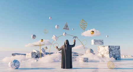 A hooded figure stands in a surreal landscape, surrounded by floating marble and gold geometric shapes, with clouds and a blue sky backdrop, creating a dreamlike, ethereal atmosphere.の素材