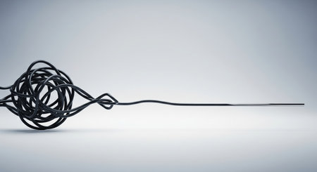 A black cable is shown, starting as a tangled knot and gradually straightening out across a light gray background, symbolizing problem-solving or simplification.の素材