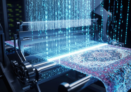 A futuristic loom weaves an intricate carpet, illuminated by binary code. The scene blends traditional craftsmanship with advanced technology, creating a visually striking image.の素材