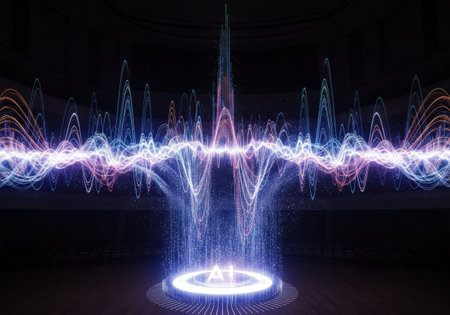 A futuristic scene shows glowing data waves emanating from a platform with "AI" in a dark auditorium, symbolizing artificial intelligence and technological advancement.の素材