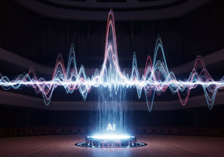 A vibrant AI waveform emanates from a futuristic platform on a stage, symbolizing data analysis and technological advancement in a visually striking composition.の素材