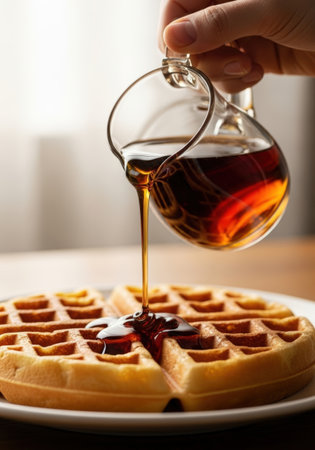 A hand pours rich, amber maple syrup from a glass pitcher onto golden waffles, creating a delicious breakfast scene with warm lighting and inviting textures.の素材