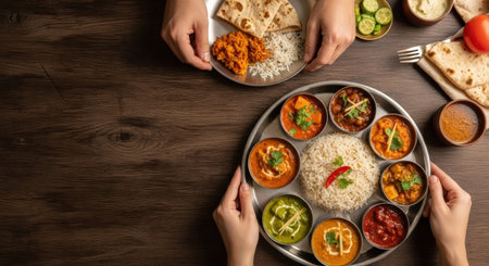 Overhead shot of hands serving a traditional Indian thali, featuring an array of colorful curries, rice, and roti on a rustic wooden table, creating a warm, inviting atmosphere.の素材