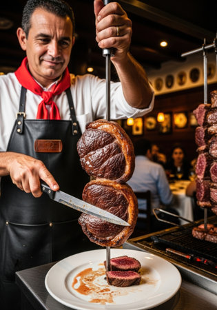 Smiling chef in a black apron and red scarf carves picanha steak from a skewer onto a plate in a Brazilian churrascaria, with diners visible in the background.の素材