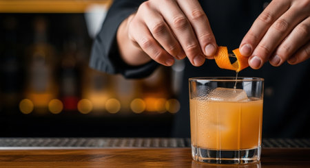 Close-up shot of a bartender adding an orange peel twist to a cocktail with ice in a glass, set on a wooden bar top with blurred background lights.の素材