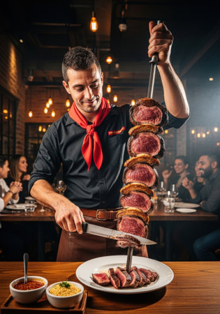 Waiter in a Brazilian steakhouse carves succulent grilled meat from a skewer onto a plate, creating a mouthwatering dining experience for patrons in a warm, inviting atmosphere.の素材