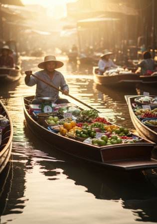 A vendor rows a boat laden with colorful fruits at a floating market in Thailand, bathed in the warm glow of sunrise, creating a vibrant and cultural scene.の素材