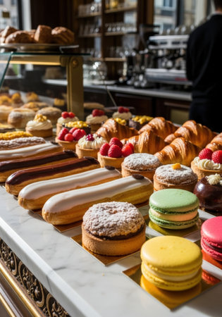 A tempting display of French pastries, including eclairs, fruit tarts, croissants, and macarons, arranged on a marble counter in a Parisian bakery, showcasing culinary artistry.の素材