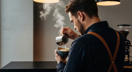 A skilled barista meticulously pours steaming milk into a cup, creating latte art. The scene is set in a cafe, with warm lighting and a focus on the craft.の素材