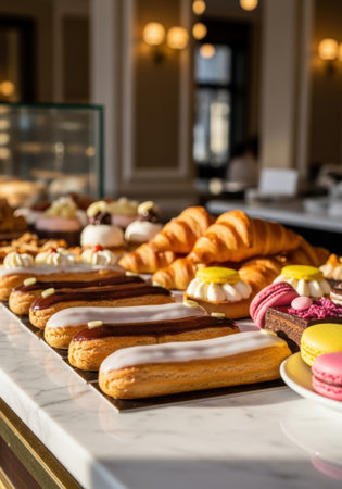 A tempting display of French pastries, including eclairs, croissants, and macarons, bathed in warm, golden sunlight on a marble countertop, creating a delightful culinary scene.の素材