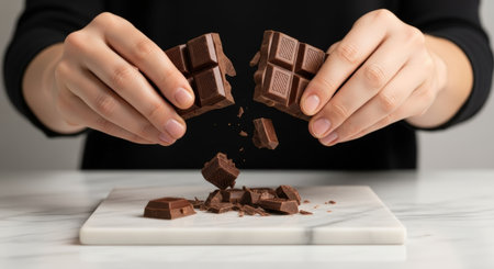 A person breaks a dark chocolate bar in half, pieces falling onto a marble surface. The action is captured mid-snap, highlighting the texture and richness of the chocolate.の素材