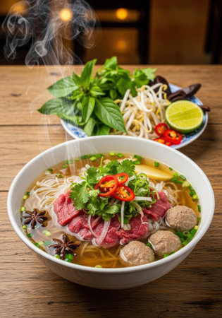 A steaming bowl of Pho, a traditional Vietnamese soup, is presented with fresh herbs, beef slices, and meatballs on a wooden table, creating an inviting and flavorful scene.の素材