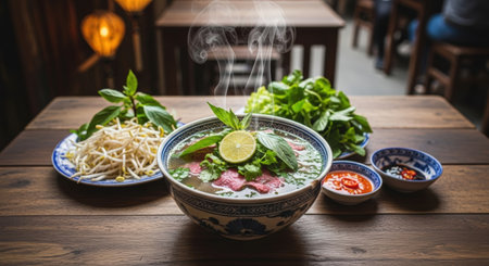 A steaming bowl of Pho, Vietnamese noodle soup, is presented with fresh basil, bean sprouts, lime, and chili sauces on a rustic wooden table, evoking a warm, inviting atmosphere.の素材