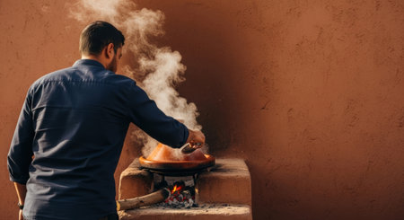 A chef prepares a steaming tagine over an open fire, showcasing traditional Moroccan cooking against a textured, earthy backdrop, highlighting culinary heritage and skill.の素材