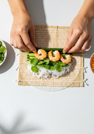 Overhead shot of hands assembling a shrimp spring roll on a bamboo mat, layering shrimp, noodles, cilantro, and chives on rice paper, set against a bright white background.の素材