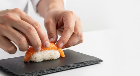 Close-up of chef's hands carefully placing salmon on rice to create nigiri sushi on a black slate plate against a clean white background.の素材