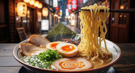 A steaming bowl of ramen, featuring noodles lifted by chopsticks, sits against a blurred backdrop of a bustling Japanese street with lanterns and neon signs, creating an inviting scene.の素材