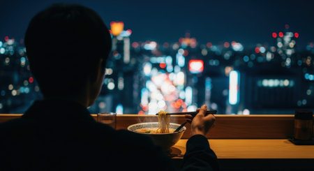 A person enjoys a bowl of steaming ramen with chopsticks, overlooking a blurred, vibrant cityscape at night, creating a cozy and contemplative atmosphere.の素材