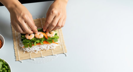 Hands carefully arrange cooked shrimp atop rice noodles, carrots, cucumber, and cilantro on a bamboo mat, preparing fresh spring rolls on a clean, white surface.の素材