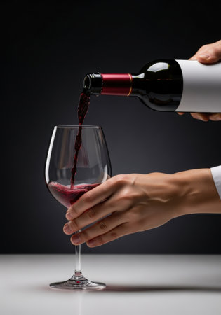 A person pours red wine from a bottle into a glass, set against a dark background. The scene is well-lit, highlighting the wine's color and the glass's clarity.の素材