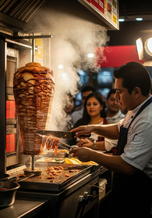 A chef expertly slices shawarma meat, steam rising, with onlookers in the background, showcasing culinary skill and the preparation of a delicious meal.の素材