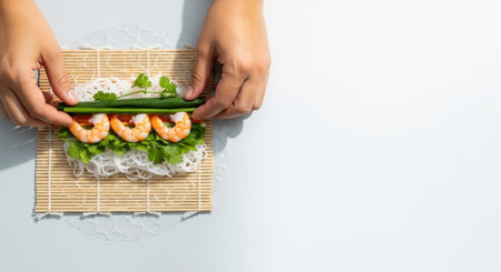 Preparing fresh spring rolls with shrimp, rice noodles, and herbs on a bamboo mat. Hands carefully arrange ingredients for a healthy and delicious meal.の素材