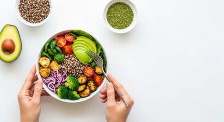 Overhead shot of hands holding a vegan bowl filled with avocado, quinoa, grilled vegetables, and greens, with bowls of quinoa and green powder on a white background.の素材