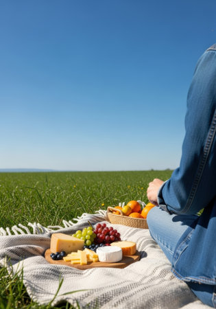 Woman enjoying a picnic on a blanket in a green field under a clear blue sky, featuring a cheese board, grapes, and oranges in a basket.の素材