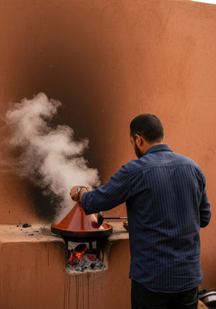 A chef prepares a steaming tagine over an open fire in Morocco, showcasing traditional cooking methods and the rich culinary heritage of the region.の素材