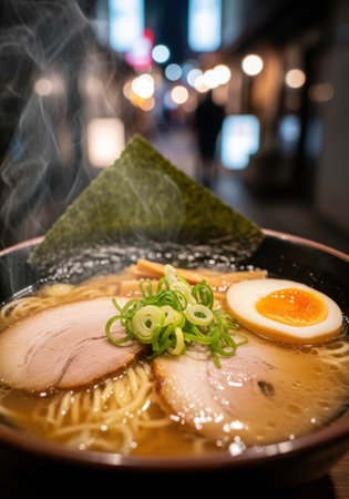 Close-up of a steaming bowl of ramen, topped with pork, egg, seaweed, and scallions, set against a blurred Tokyo alleyway at night. Warm, inviting, and delicious.の素材