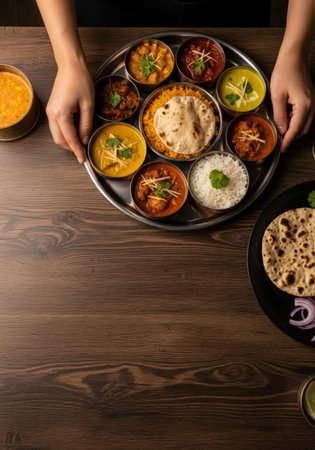 Hands present a silver thali with various Indian dishes: curries, rice, roti, on a dark wooden table. Overhead shot, warm lighting, inviting culinary experience.の素材