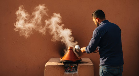 A man in a blue shirt stirs a steaming tagine with a ladle, cooking over a traditional fire pit against a textured terracotta wall, creating a warm, inviting scene.の素材