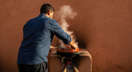 A man in a blue shirt prepares a tagine, a traditional Moroccan dish, outdoors. Steam rises from the earthenware pot, set on a rustic stove against a textured wall.の素材