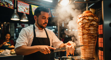 A chef expertly carves thin slices of al pastor meat from a vertical spit, steam rising around him in a bustling taqueria setting, showcasing culinary skill and tradition.の素材