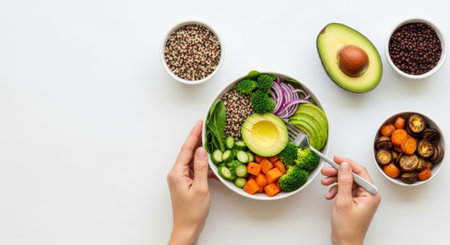 Overhead shot of hands holding a Buddha bowl filled with quinoa, avocado, broccoli, and roasted vegetables, surrounded by bowls of ingredients on a clean white surface.の素材