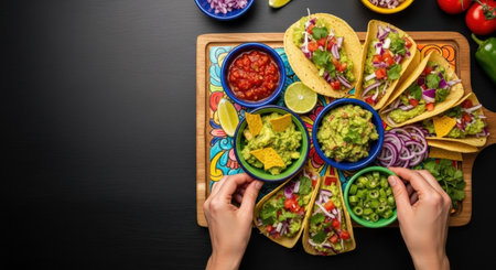 Overhead shot of tacos, salsa, guacamole, and toppings on a colorful wooden board against a dark background, hands reaching for the food, creating a vibrant and inviting Mexican feast.の素材