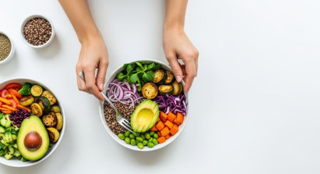 Overhead shot of hands holding a colorful vegan Buddha bowl with avocado, quinoa, edamame, and grilled zucchini on a clean white background, promoting healthy eating.の素材