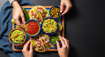 Overhead shot of tacos, guacamole, salsa, and peppers on a colorful tray, with hands reaching for the food, set against a dark background, creating a vibrant and inviting scene.の素材