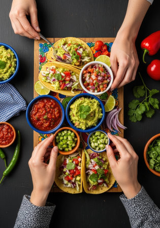 Overhead shot of hands assembling tacos with fresh toppings like guacamole, salsa, and cilantro on a colorful board against a dark background. Bright, vibrant, and appetizing.の素材