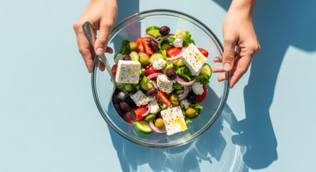 Overhead shot of a colorful Greek salad in a glass bowl held by hands, with a spoon, on a bright blue background, casting shadows, showcasing fresh ingredients.の素材