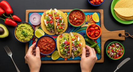 Overhead shot of hands holding tacos filled with guacamole, salsa, and veggies on a vibrant, painted wooden tray, surrounded by colorful bowls of toppings.の素材