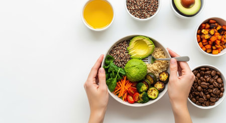 Overhead shot of hands holding a colorful Buddha bowl with avocado, quinoa, spinach, carrots, tomatoes, broccoli, and zucchini, surrounded by bowls of ingredients on a white surface.の素材