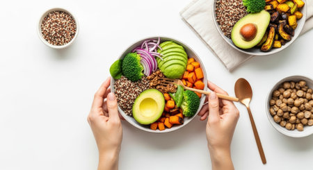 Overhead shot of hands holding a vegan Buddha bowl filled with quinoa, avocado, broccoli, red onion, walnuts, and roasted sweet potatoes on a white background.の素材